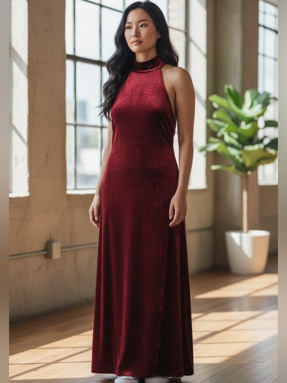 Y2K RED VELVET HALTER MAXI DRESS W MOCK TURTLENECK & A BOW TIE BACK RELAXED FIT